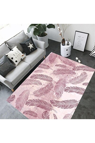 eco concept Pembe Renk Yaprak Desenli Yıkanabilir Dot Taban Salon Halısı Mutf...