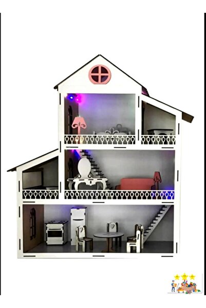 Genel Markalar Pembe Işıklı Eğitici Oyuncak Ahşap Ev Maket Ev