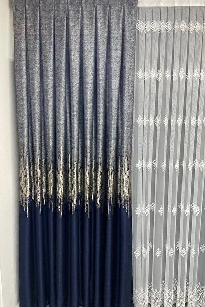 Cortibo Dark Blue Palermo Patterned, 1-2,5 Medium Pleated Panel Background Curtain