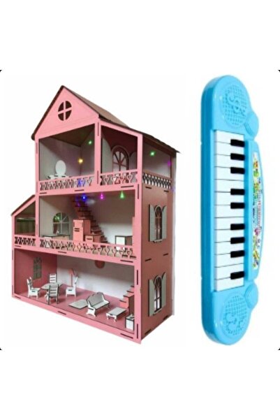BELİNAY ÇOCUK DÜNYASI Ahşap Oyun Evi 80cm 21 Eşya Led Işıklı Mavi Org Piyanolu