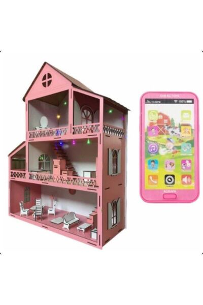 BELİNAY ÇOCUK DÜNYASI مسرح خشبي 80 سم 21 قطعة مع أضواء LED وهاتف وردي