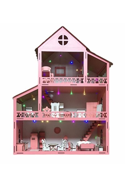 BELİNAY ÇOCUK DÜNYASI مسرح خشبي 100 سم 36 قطعة مع أضواء LED وردية وأسماء مكتوبة