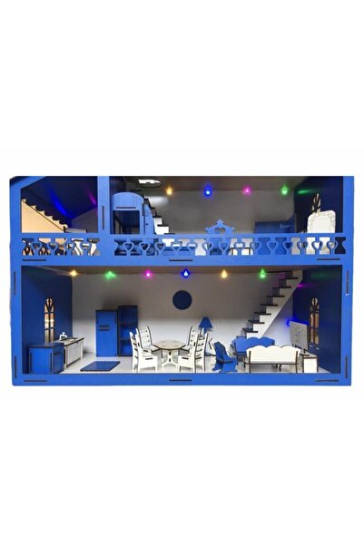 BELİNAY ÇOCUK DÜNYASI Ahşap Oyun Evi 100cm 36 Eşya Mavi Led Işıklı Isim Yazılır