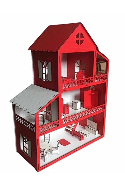 BELİNAY ÇOCUK DÜNYASI Wooden Children's Playhouse 60cm 14 Items Red Name Written