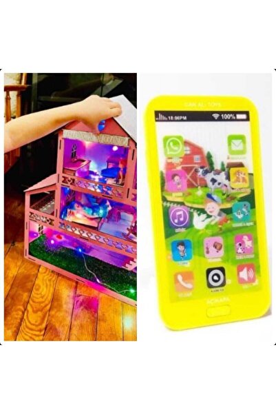 BELİNAY ÇOCUK DÜNYASI مسرح خشبي 60 سم 18 قطعة مع أضواء LED وهاتف أصفر