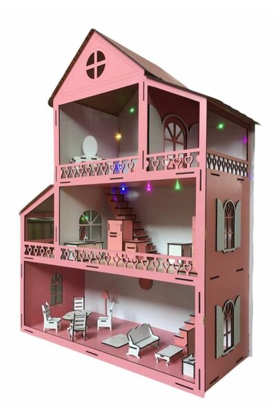 BELİNAY ÇOCUK DÜNYASI مسرح خشبي 60 سم 18 قطعة مع أضواء LED وهاتف وردي