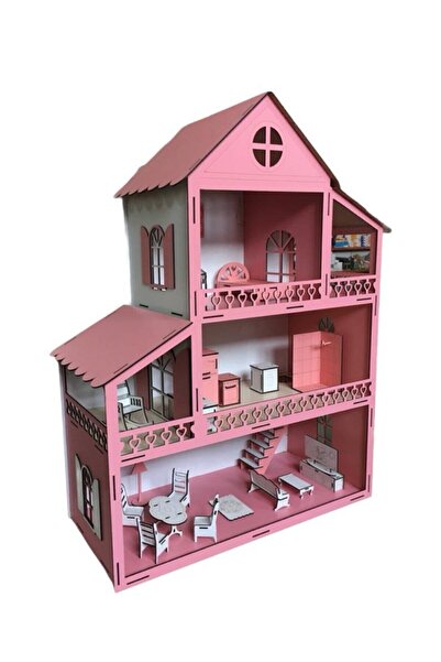 BELİNAY ÇOCUK DÜNYASI Wooden Playhouse 60cm 14 Items Pink Name Written