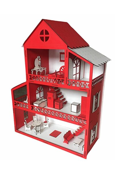 BELİNAY ÇOCUK DÜNYASI Wooden Children's Playhouse 60cm 14 Items Red Name Written