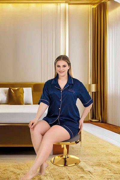 Lady Satin Solid Shorts Navy Blue Oversize Nightgown