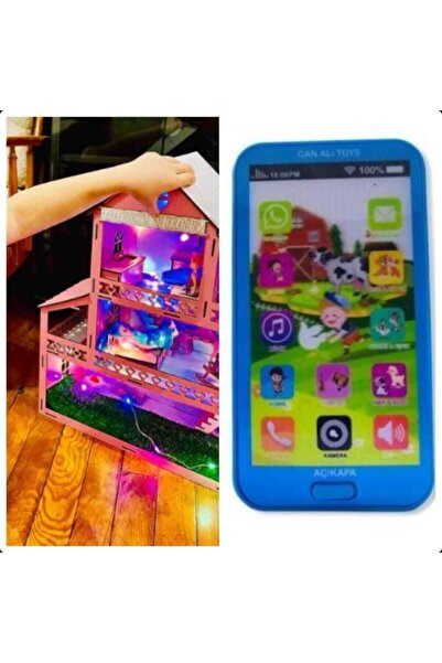 BELİNAY ÇOCUK DÜNYASI مسرح خشبي 60 سم 18 قطعة مع أضواء LED وهاتف أزرق