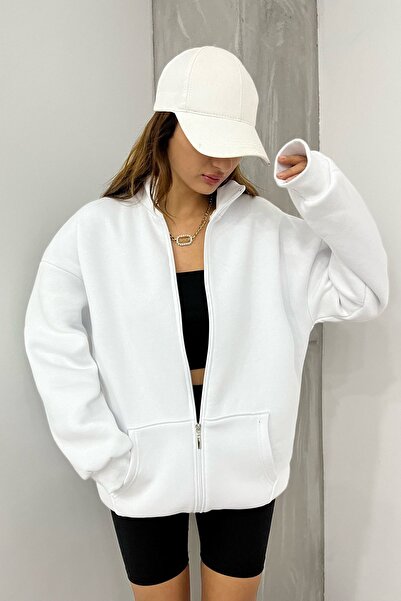 Sun Victoria Λευκό Unisex ψηλός λαιμός Φούτερ με φερμουάρ oversized με επένδυση fleece κλωστές