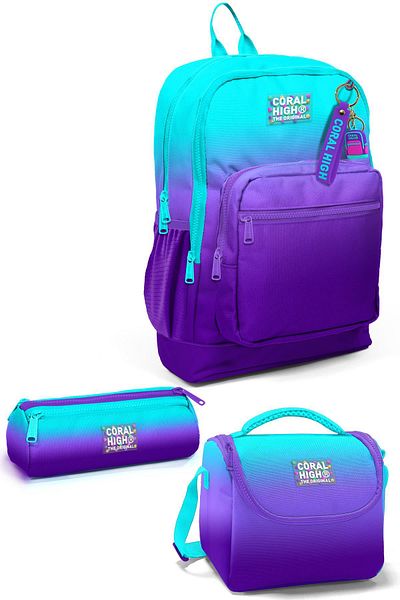 Coral High Turquoise and Purple Colored 3-Piece School Bag Set - SET0123763