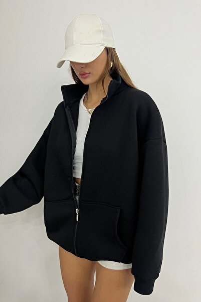 Sun Victoria Μαύρο φούτερ Unisex ψηλός λαιμός με φερμουάρ oversized 3 κλωστών επένδυση fleece