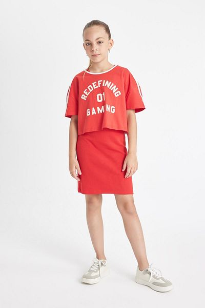 DeFacto Geripptes Camisole-Kleid für Mädchen, bedrucktes T-Shirt, 2-teiliges Set D2339a824sm