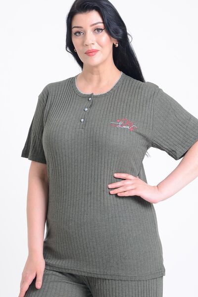 PİNKMARK PINKMARK WOMEN'S KHAKI SHORT SLEEVE EMBROIDERED PLUS SIZE PAJAMA SET PMTK25606