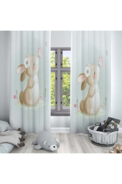 Else Halı Mavi Kahve Sevimli Tavşan Desenli Dekoratif Çocuk Ve Bebek Odası Fo...