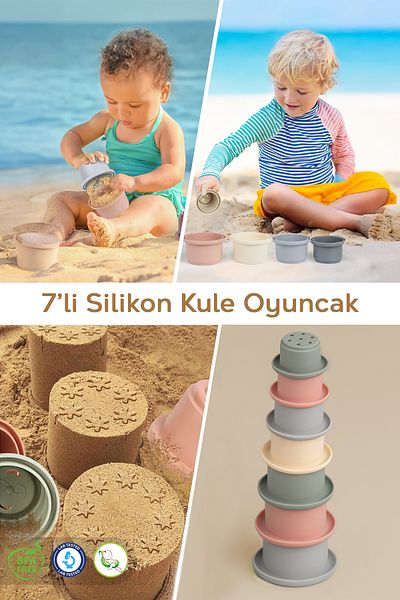Meleni Baby Set of 7 Silicone Educational Tower Activity Toys - Children's Beach Sand Play Tower - Baby Beach Toy