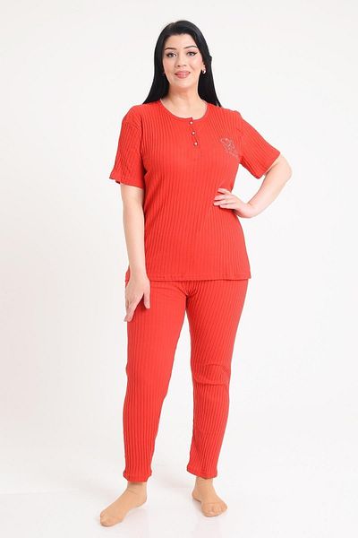 PİNKMARK Women's Red Short Sleeve Embroidered Plus Size Pajama Set Pmtk25601