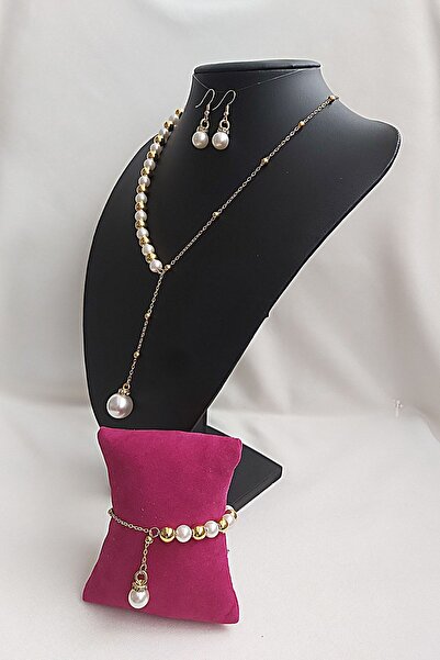 BİJUTERİ EVİ Yarısı Top Zincirli Yarısı Incili Oval Inci Figürlü Kadın Kolye Bileklik Küpe Seti 34