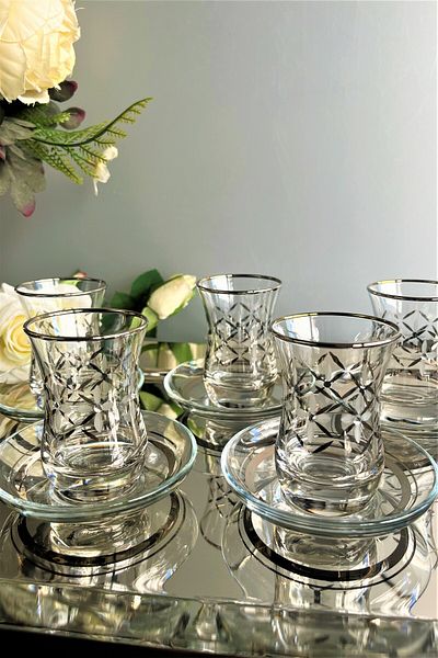 Paşabahçe Decostyle 62561 - 12 Piece Thick Sole Silver Patterned Tea Set 100 Cc