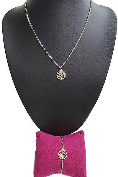 BİJUTERİ EVİ Tree of Life Evil Eye Beaded Zircon Stone Gold Color Necklace and Bracelet Set
