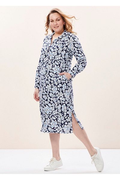 EVEN plus size فستان قميص كبير الحجم منقوش بالزهور باللون الأزرق مع جيوب