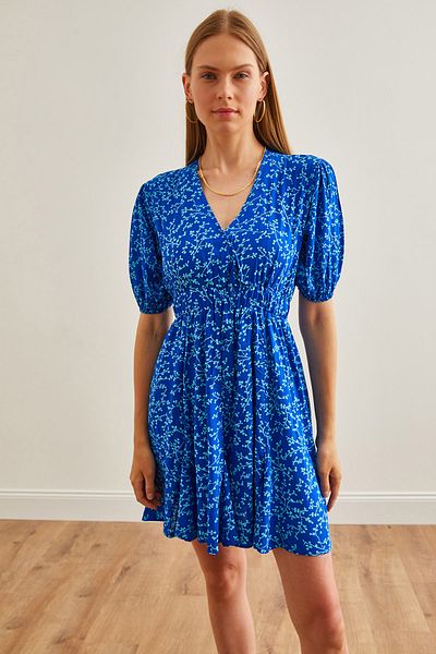 Olalook Rochie mini cu mânecă balon albastră - Detaliu fustă, țesută, ELB-19002212
