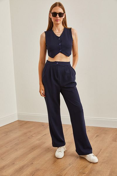 Olalook Navy Blue Palazzo Set - Top Vest and Bottom Pocket TKM-19000296
