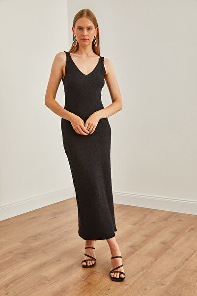 Olalook Kadın Siyah Ön Arka V Dokulu Maxi Yazlık Triko Elbise ELB-19002206