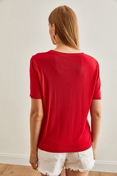 Olalook Rote Strickbluse für Damen – Rundhalsausschnitt, fließendes Design BLZ-19002688