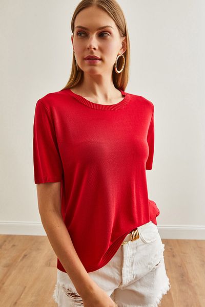 Olalook Rote Strickbluse für Damen – Rundhalsausschnitt, fließendes Design BLZ-19002688