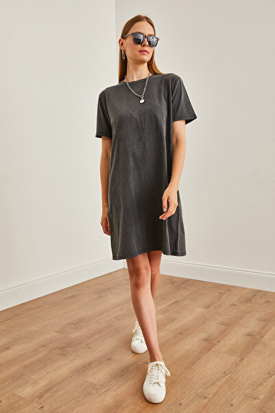 Olalook Kadın Antrasit Bisiklet Yaka Yıkamalı Penye Elbise ELB-19002210