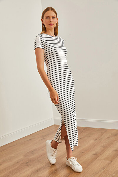 Olalook White Striped Midi Dress - Crew Neck and Slit ELB-19002208