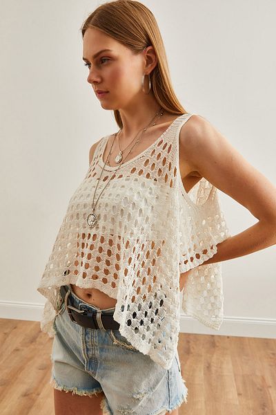 Olalook Ecru női kötöttáru Crop Bolero - áttört design BLZ-19002687