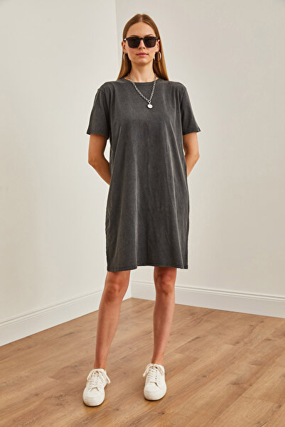 Olalook Kadın Antrasit Bisiklet Yaka Yıkamalı Penye Elbise ELB-19002210