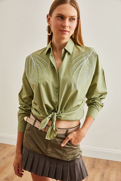 Olalook Mold Green Palm Woven Shirt - Sequin Detailed, GML-19001225
