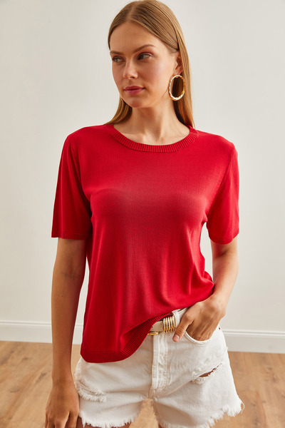 Olalook Női piros kötöttáru blúz - szűk nyakú, folyékony kivitel BLZ-19002688
