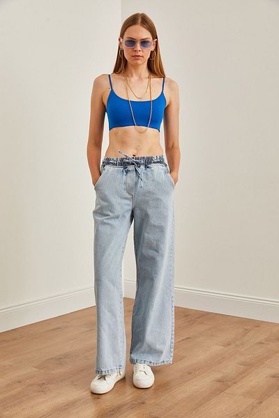 Olalook Pantaloni denim Palazzo albastru deschis - Talie cu șireturi, buzunar PNT-19000285