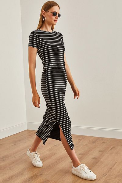 Olalook Μαύρο ριγέ Midi Φόρεμα - Crew Neck and Slit ELB-19002208