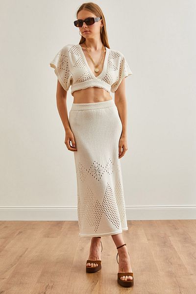 Olalook Ecru V Blouse and Bottom Skirt Summer Suit - TKM-19000295