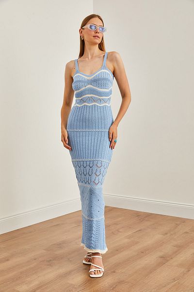 Olalook Baby Blue Maxi úpletové letní šaty – páskové a prolamované, bez podšívky ELB-19002211