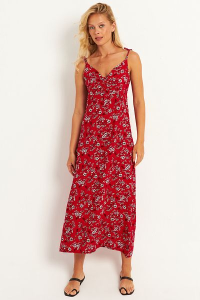 Cool & Sexy Red Floral Patterned Midi Women's Dress - Rope Strap GÇ172