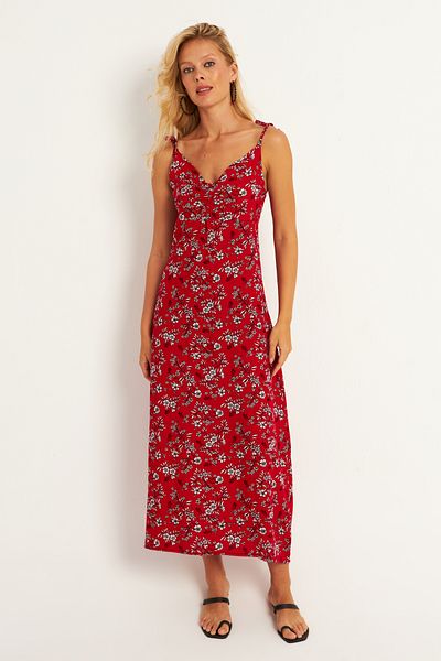 Cool & Sexy Red Floral Patterned Midi Women's Dress - Rope Strap GÇ172