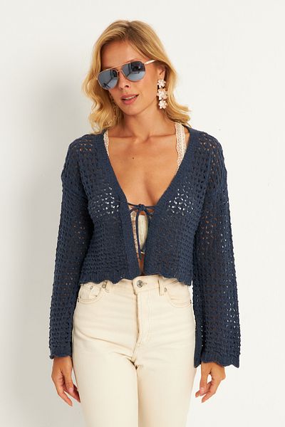 Cool & Sexy Indigo Women's Knitwear Cardigan - Openwork Design YV248