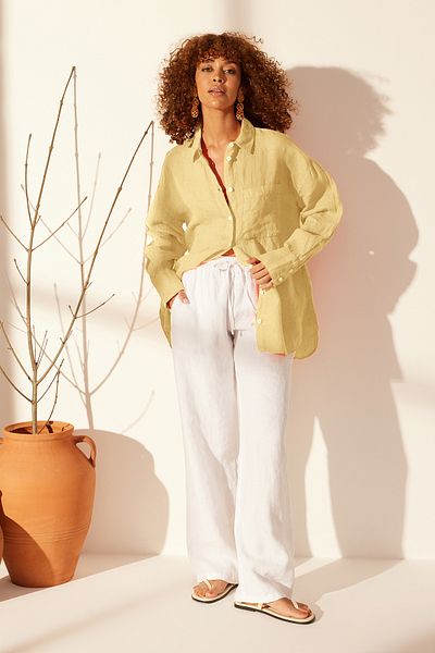Trendyol Collection Żółta koszula oversize ze 100% lnu - TWOSS23GO00443
