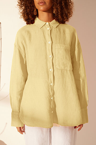 Trendyol Collection 100% Linen Yellow Oversize Shirt - TWOSS23GO00443