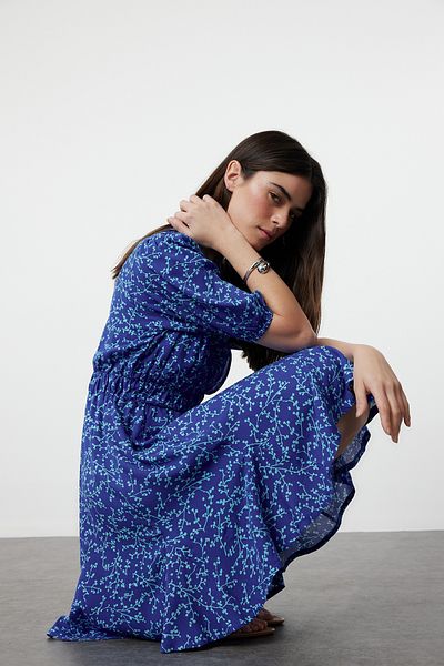 Trendyol Collection Φόρμα Mini Skater - Saks Flower Print Φόρεμα με γιακά με διπλό στήθος TWOSS24EL01074