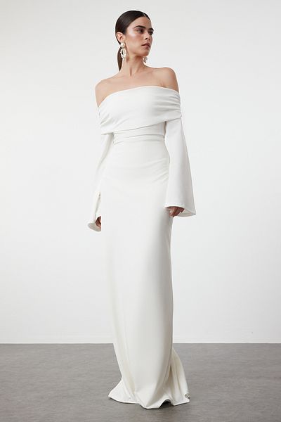 Trendyol Collection Λευκό γιακά Carmen πλεκτό μακρύ κομψό βραδινό φόρεμα TPRSS24AE00204