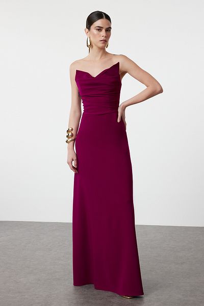 Trendyol Collection Tkané švestkové šaty A-Line Noční promoce Dlouhé elegantní večerní šaty TPRSS24AE00219