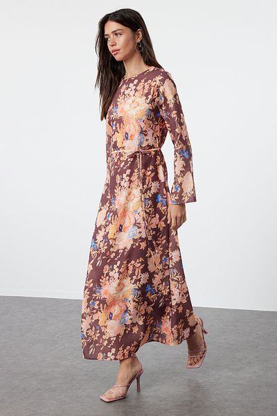 Trendyol Modest Φόρεμα από λινό υφασμένο λουκ - Καφέ λουλουδάτο μοτίβο TCTSS24EB00223